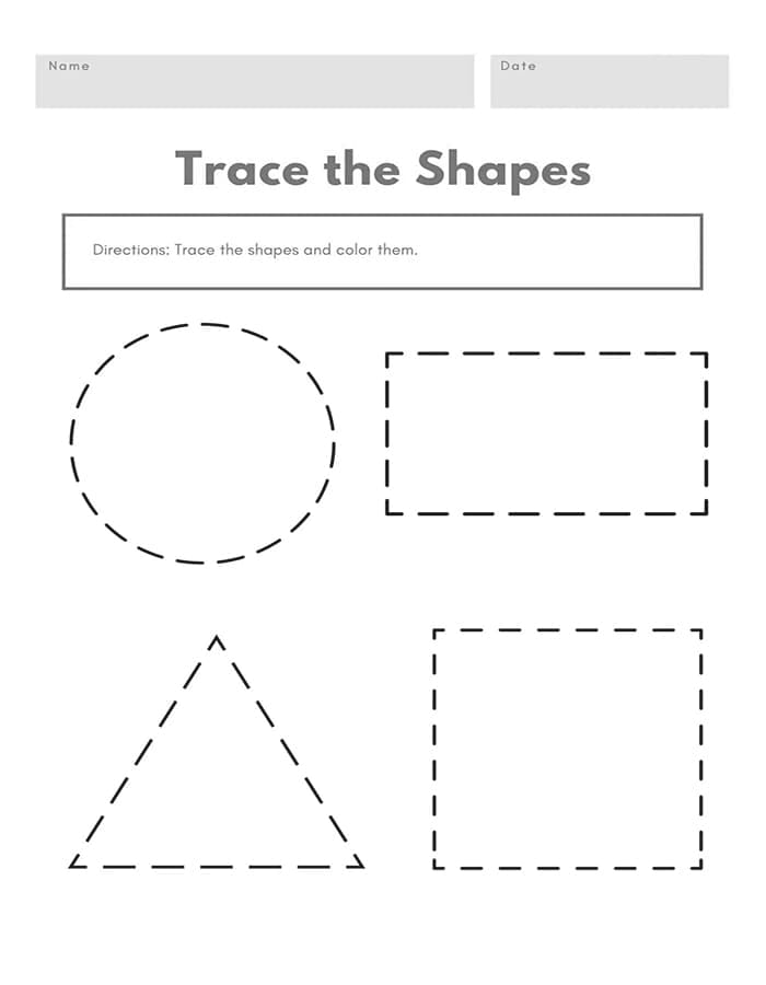 Tracing worksheet featuring basic shapes for handwriting practice in Pre-K