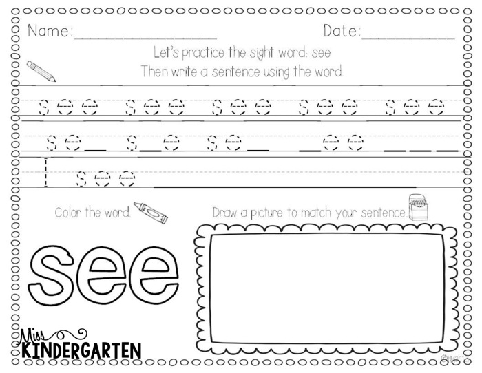 Writing Sight Words and Data Worksheet for Preschoolers 12 Pre-K student practicing sight words on a handwriting worksheet with graphing elements