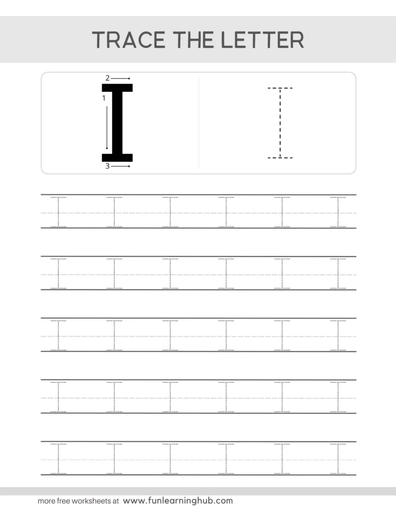 Tracing letters I, H, and T on a Pre-K worksheet designed to enhance handwriting skills