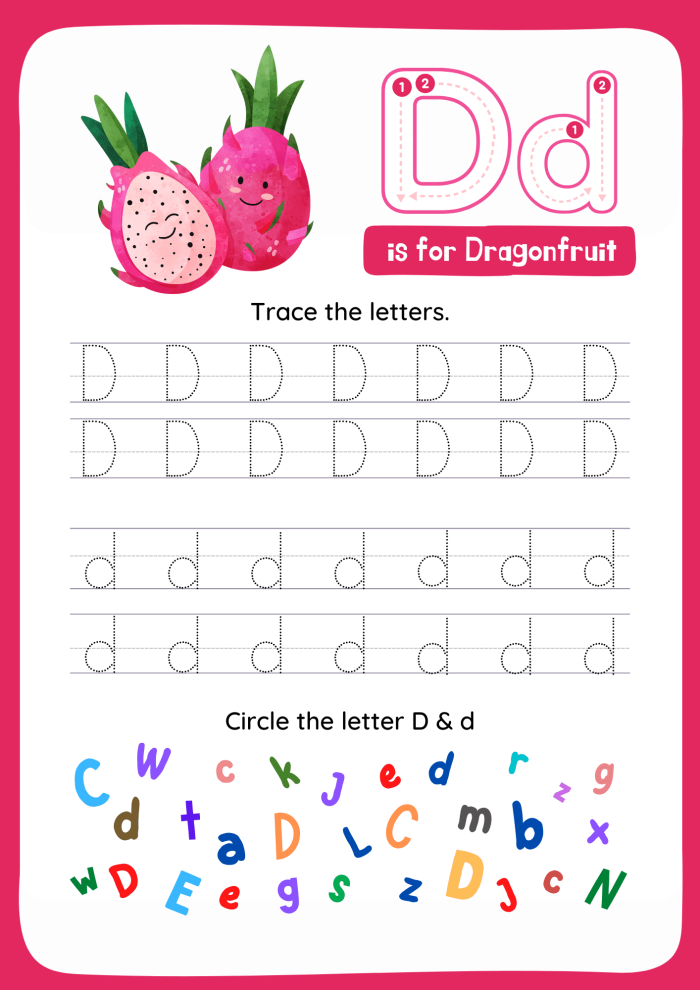 Pre-K worksheet showing children how to trace lines and the letter D to build handwriting skills