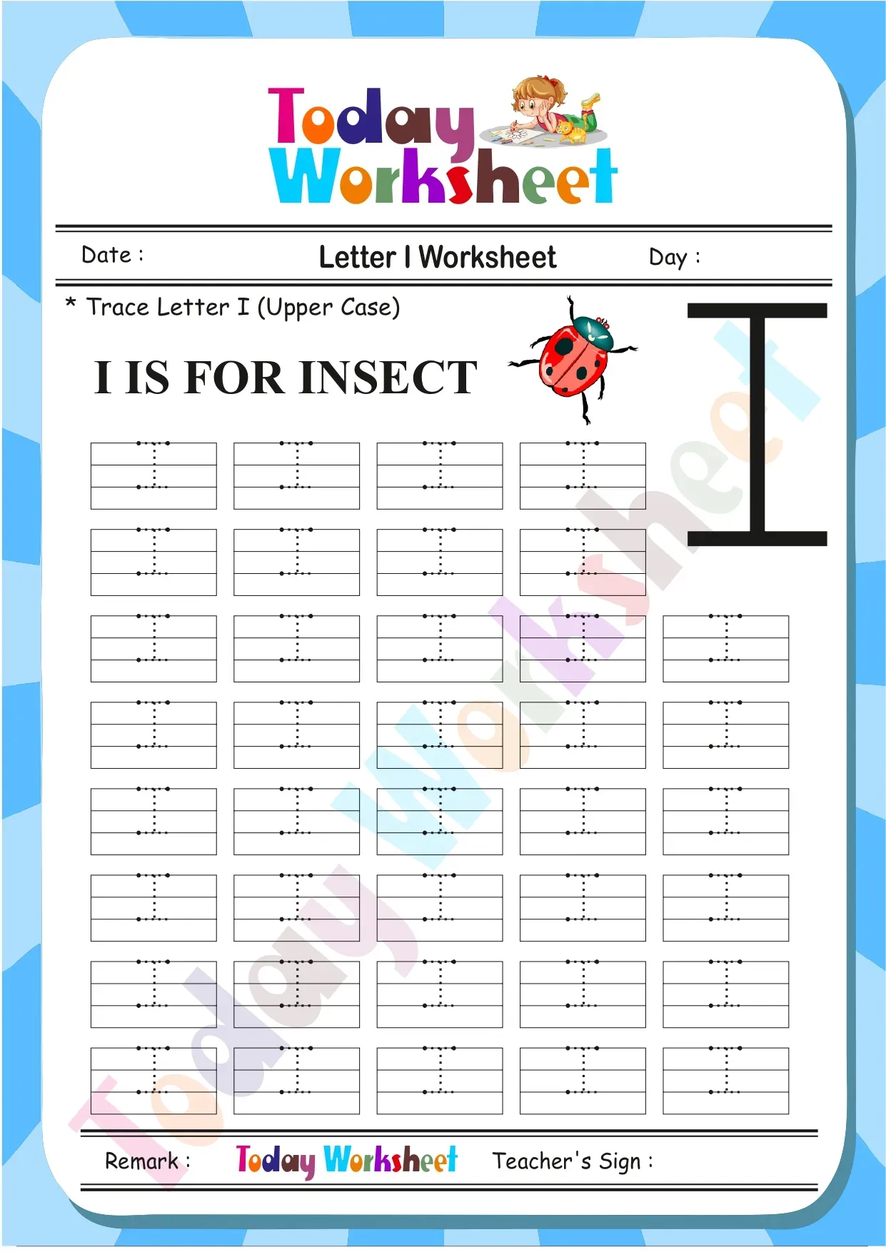 Tracing letters I, H, and T worksheet for Pre-K students to develop handwriting skills