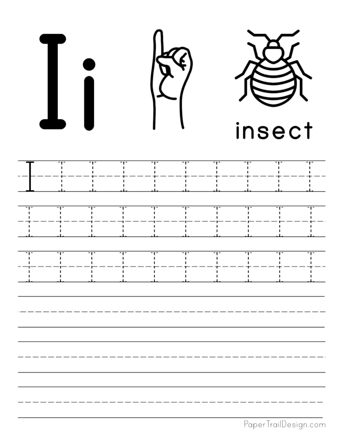 Tracing letters I, H, and T on a worksheet designed for preschool handwriting practice