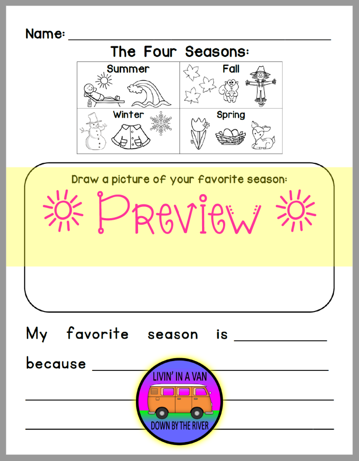 Pre-K phonics worksheet for practicing handwriting by tracing the names of the four seasons