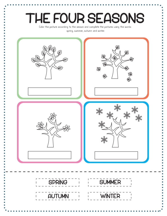 Printable worksheet for Pre-K children focusing on handwriting skills related to the four seasons