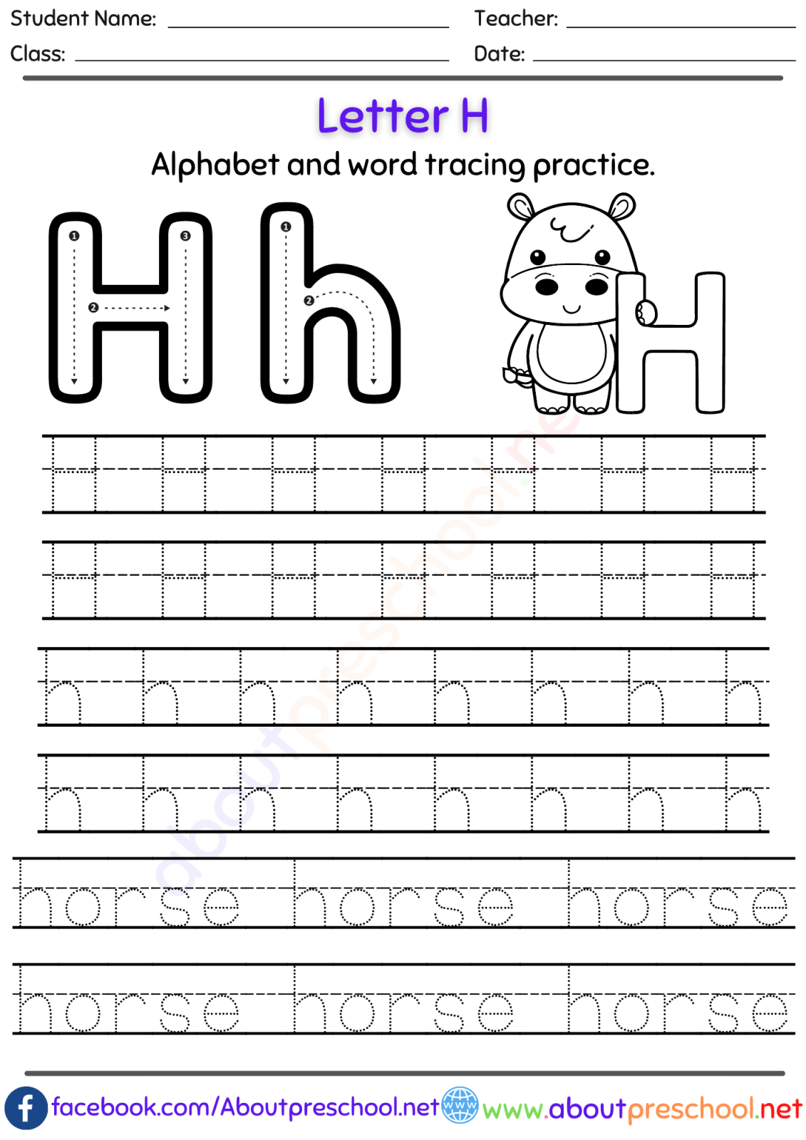 Tracing letters I, H, and T on a worksheet for Pre-K students focusing on handwriting skills