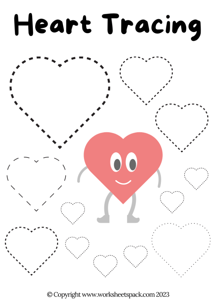 Trace the Heart worksheet for Pre-K life science activities Children's heart drawing worksheet for tracing and decorating