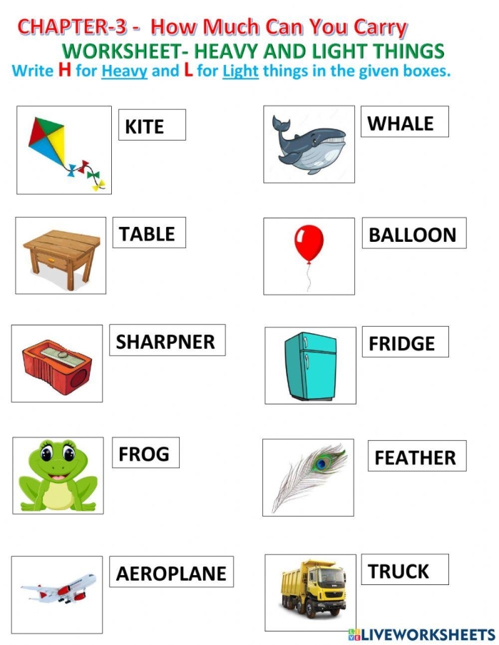 Pre-K printable worksheet for comparing heavy and light objects to learn basic weight concepts