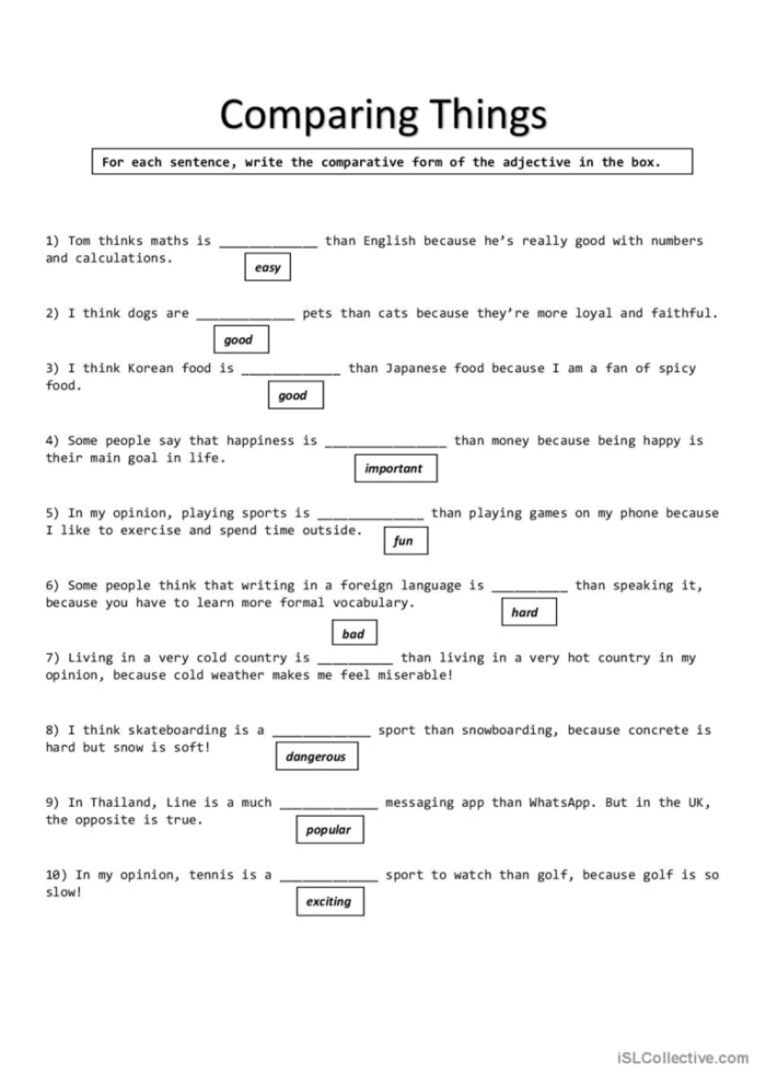 Pre-K geometry worksheet comparing the height, age, and weight of two different objects