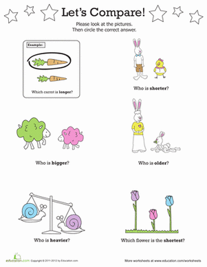 Pre-K geometry worksheet for children to compare height age and weight of two objects