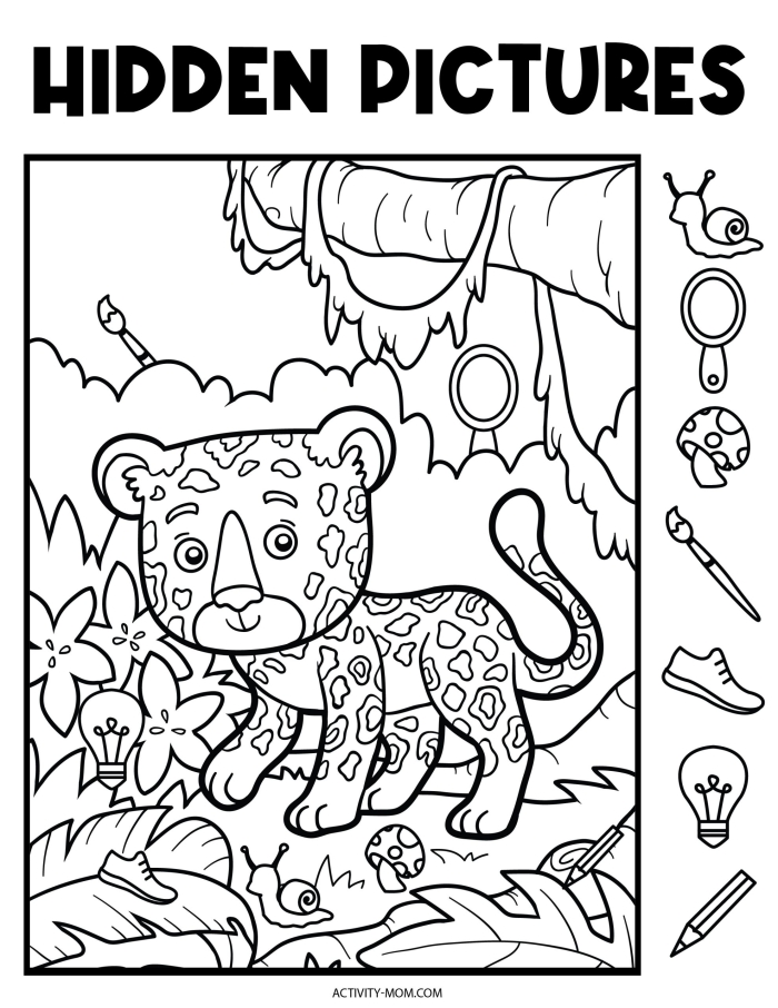 Hidden Objects Worksheet Number 4 for Early Learners Pre-K student engaging with a Find the Hidden Objects worksheet featuring a variety of busy illustrations