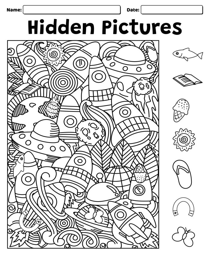 Hidden Objects Search Worksheet for Pre-K Reading Development 7 Pre-K student working on a Find the Hidden Objects worksheet with a mixed-up scene