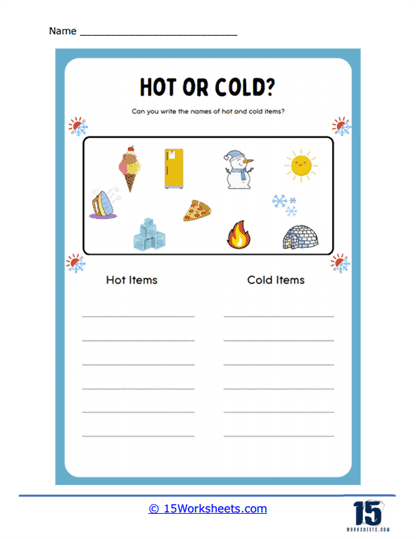 Hot or Cold Temperature Sorting Worksheet for Preschoolers Number 8 Pre-K student worksheet featuring nine different items to be sorted by whether they are hot or cold