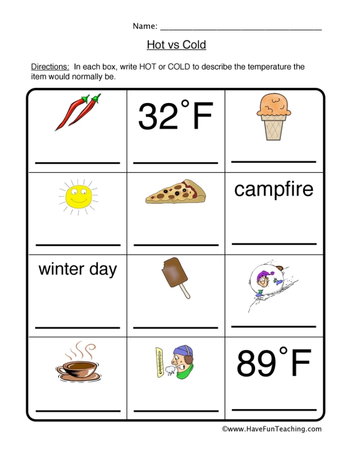 Hot or Cold? worksheet for young learners to cut out and categorize items Children's worksheet showing items to classify as hot or cold for Pre-K statistics lesson