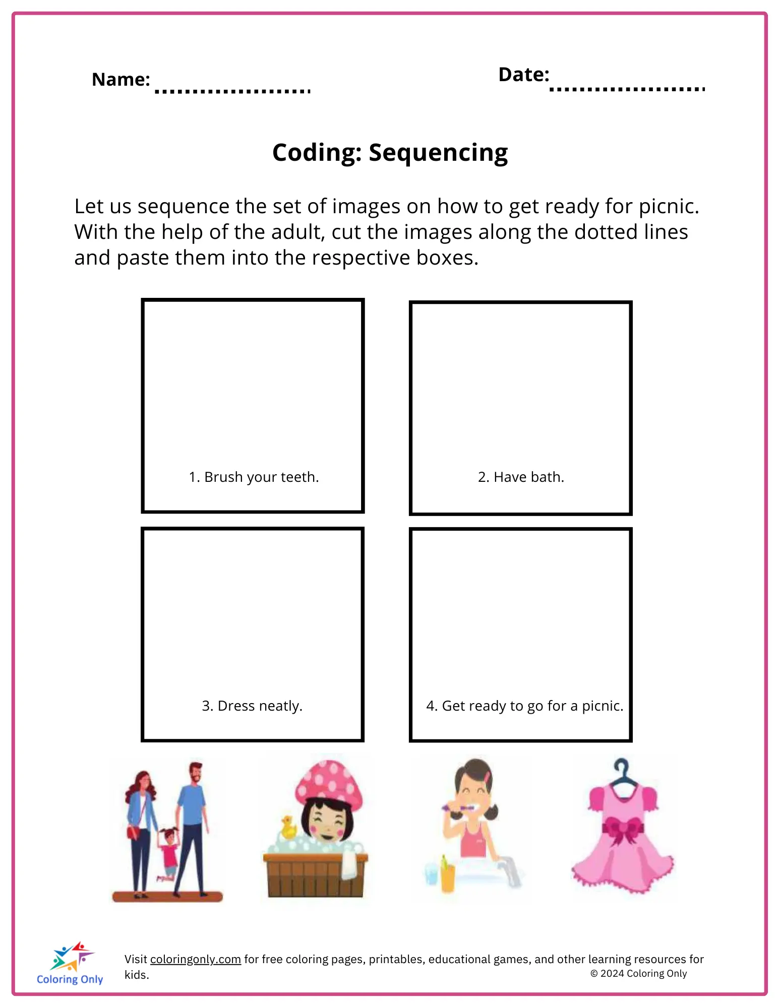 Assessment worksheet illustrating sequencing concepts for young learners in Mixed Operations Image Sequencing Check-In worksheet for Pre-K students showing event order activities