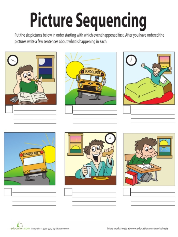 Image of the sequencing assessment worksheet for mixed operations in early childhood education Worksheet featuring the Image Sequencing Check-In for Pre-K students to assess event ordering skills