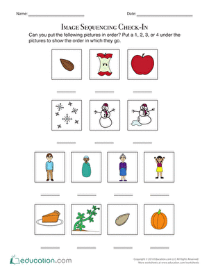 Mixed Operations worksheet for Pre-K Children engaging with the Image Sequencing Check-In worksheet for mixed operations. Assessment worksheet for Pre-K students demonstrating event sequencing skills.