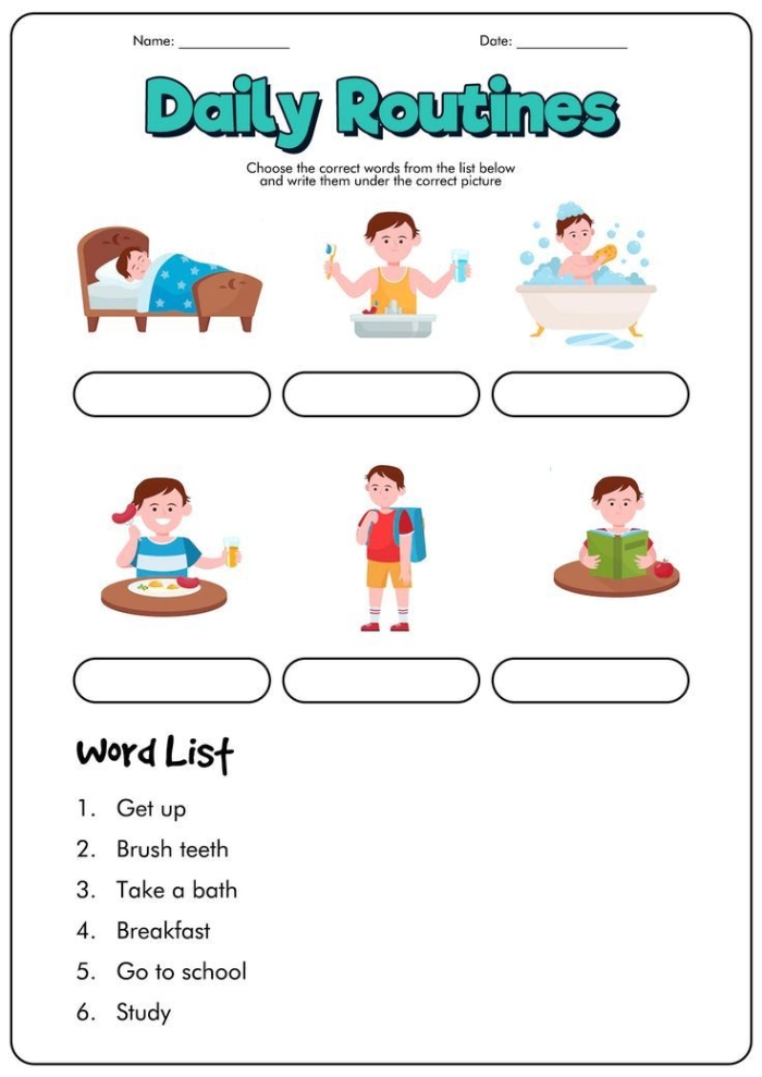 Kids practicing sequencing skills on a handwriting worksheet for Pre-K. Image Sequencing Assessment worksheet for young learners.