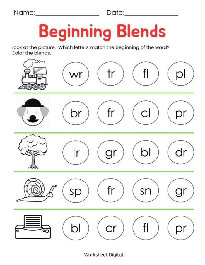 Blend at the Beginning worksheet designed for Pre-K students to practice identifying initial blends in words