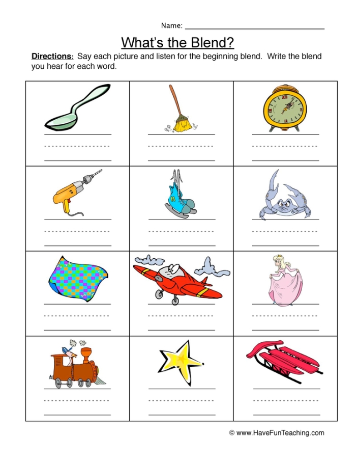 Engaging worksheet for Pre-K students to practice initial blends in words