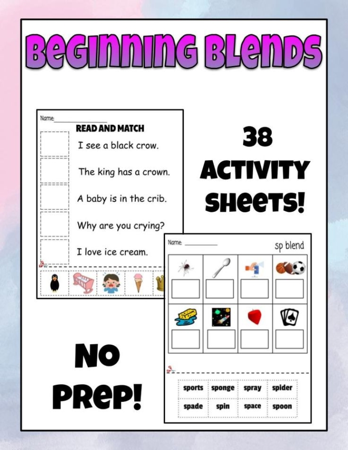 Blend at the Beginning worksheet designed for Pre-K students to practice initial blends in words