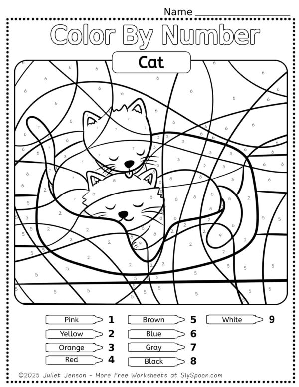 Color By Number Cat Activity Sheet 11 for Preschool Math Practice A pre-kindergarten color by number worksheet featuring a cat with numbered sections and a color key at the bottom for young learners