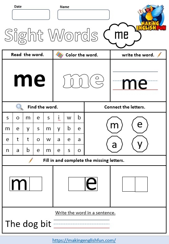 Interactive worksheet for Pre-K students focusing on the sight word "me" with a decoupage activity