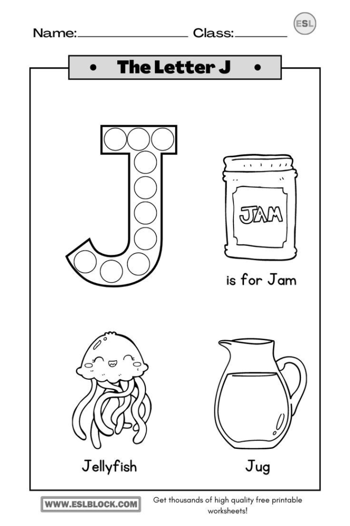 Worksheet featuring words that begin with the letter J for early learners
