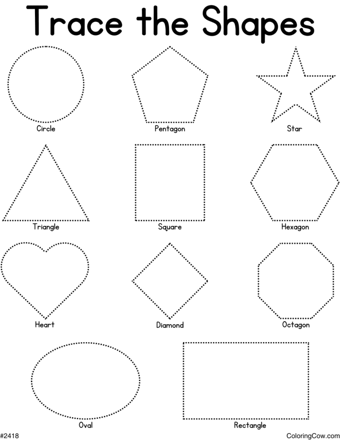 Kids tracing and coloring various shapes on a fun Geometry worksheet for Pre-K learners