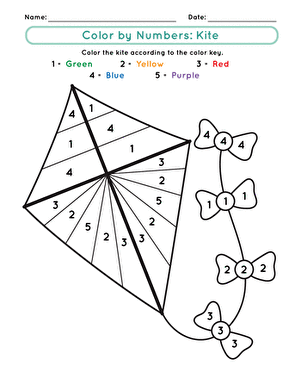 Color by number worksheet featuring a colorful kite for preschoolers to enhance their color and number recognition skills