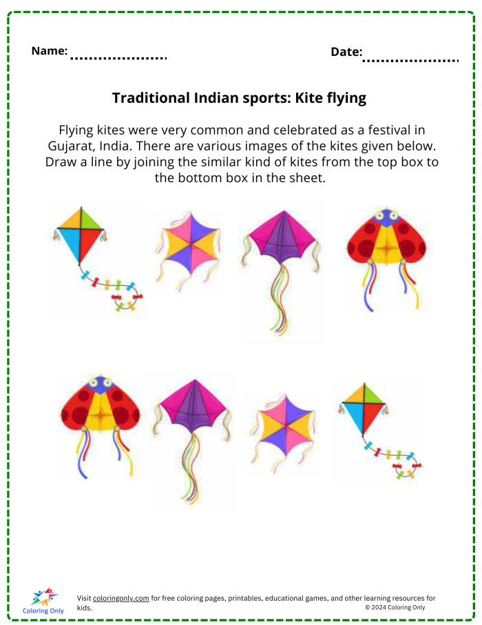 A young child flying a kite on a sunny spring day in the Color the Kite-Flying Fun worksheet