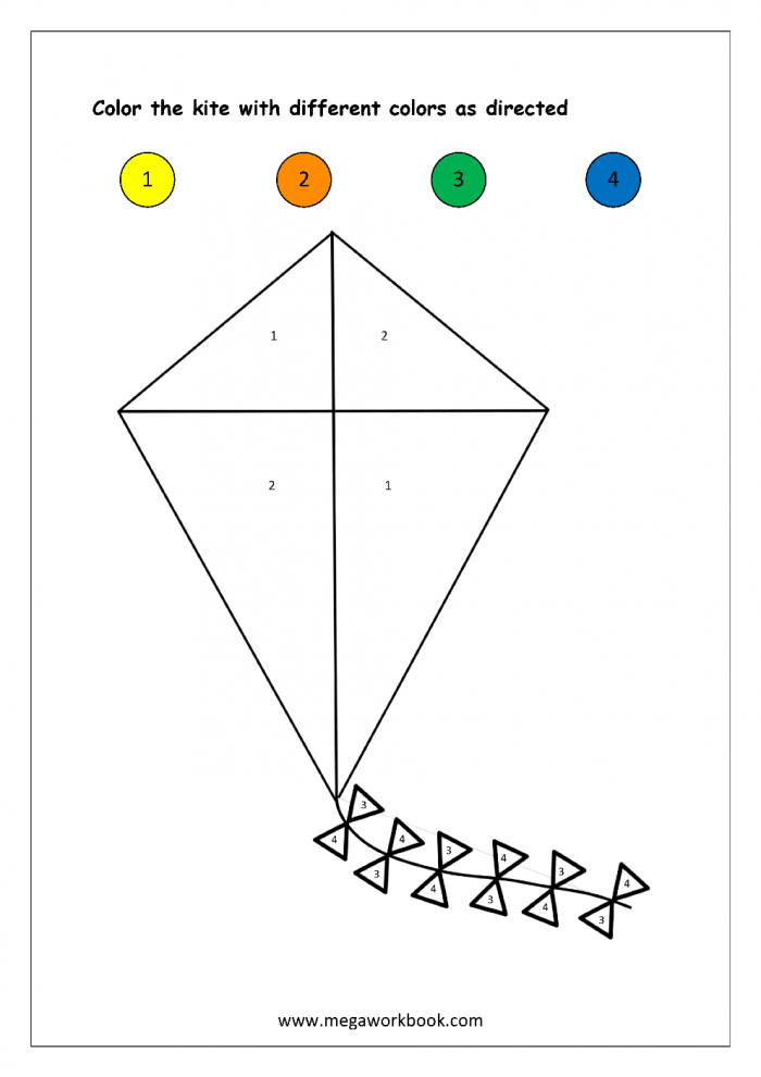 Color by number worksheet featuring a colorful kite for Pre-K students