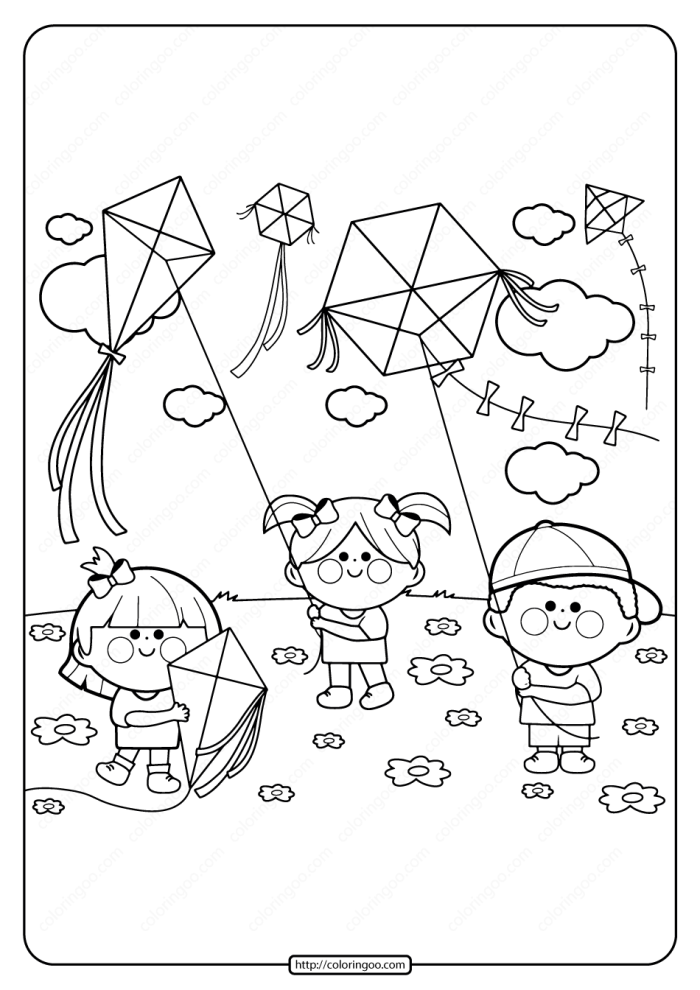 A child joyfully flying a kite on a sunny spring day in a coloring worksheet