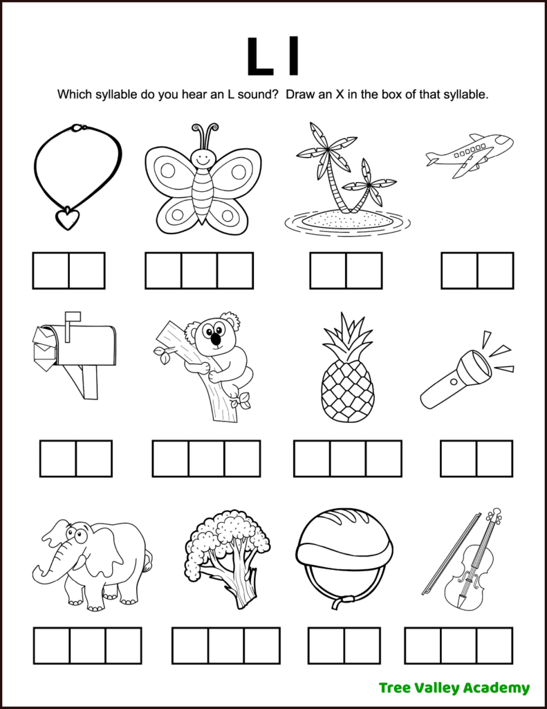 A worksheet featuring various illustrations for children to identify objects that start with the letter L