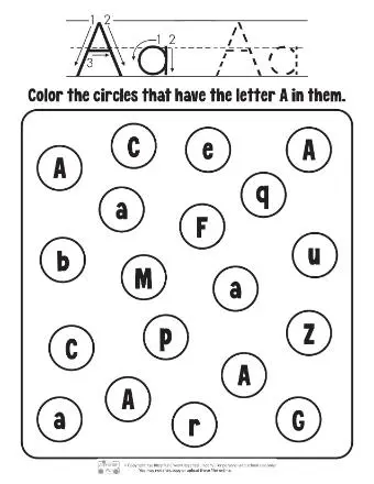 Pre-K reading worksheet featuring apples to color for practice with uppercase and lowercase letter A