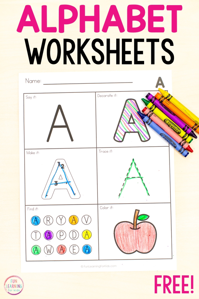 Pre-K worksheet featuring apples labeled with uppercase and lowercase letter A to color and count