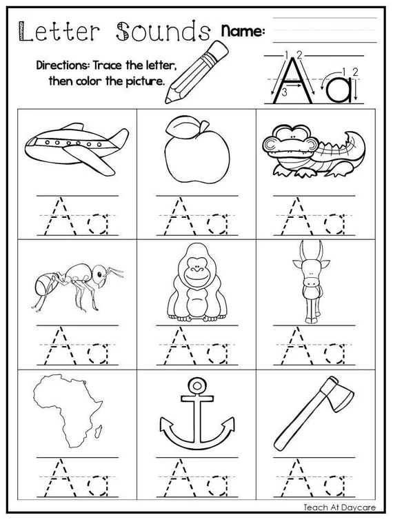 Worksheet featuring the letter A with apples to color and count for Pre-K students