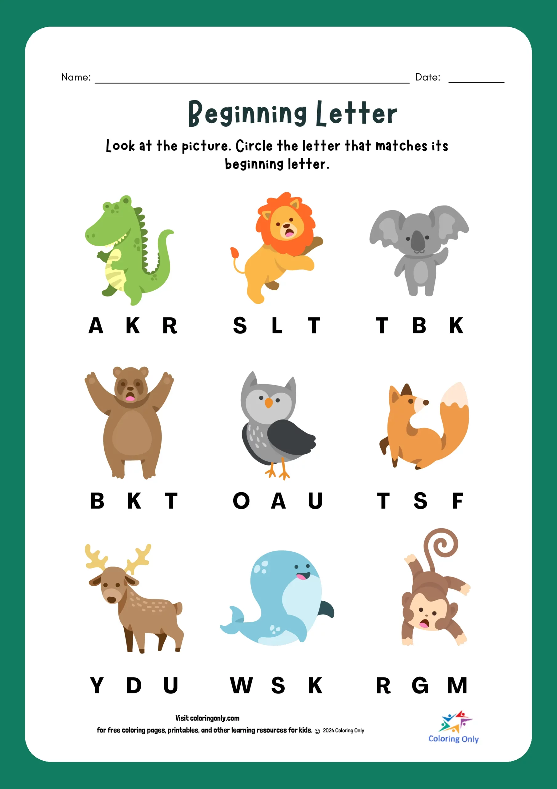 Colorful Pre-K worksheet featuring the letter A for beginning reading practice