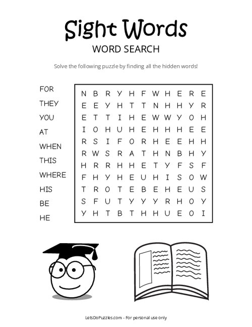 Word search puzzle featuring sight words that start with the letter A for Pre-K students learning to read
