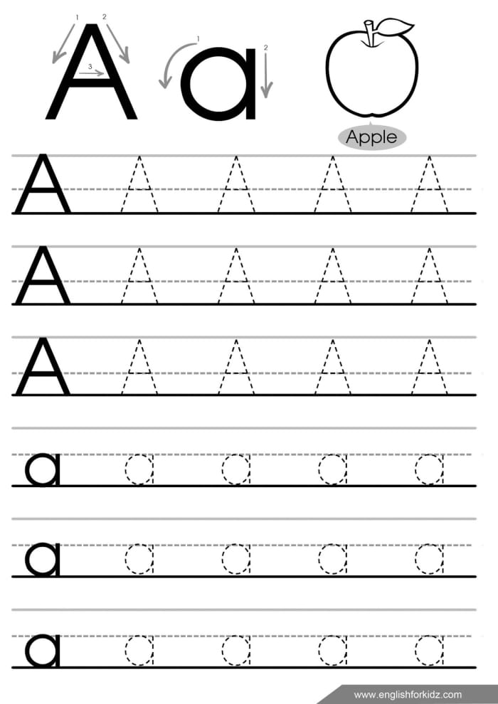 Pre-K alphabet worksheet featuring letter A tracing practice for children