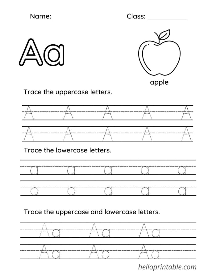 Pre-K alphabet worksheet featuring tracing practice for the letter A