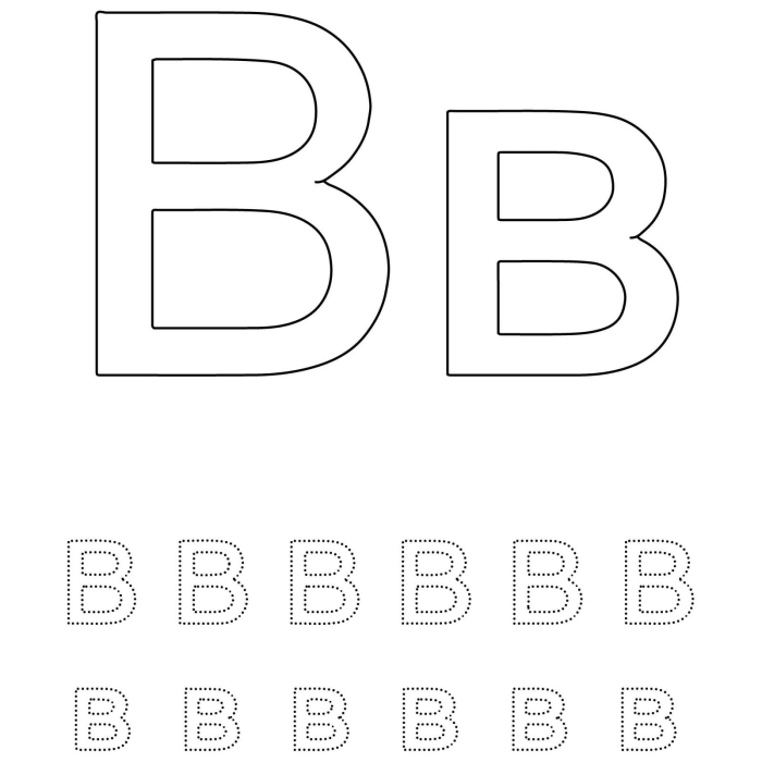 Pre-K student worksheet showing guided tracing exercises for the uppercase and lowercase letter B