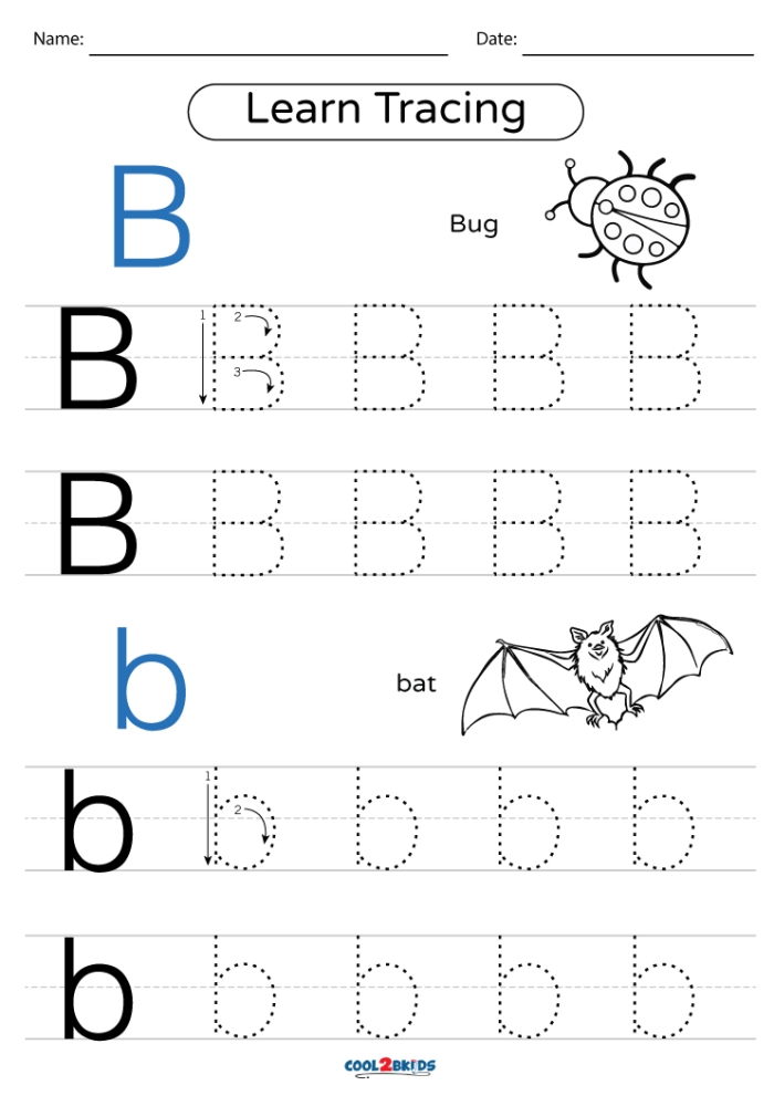 Pre-K student worksheet showing guided line tracing exercises followed by letter B writing practice