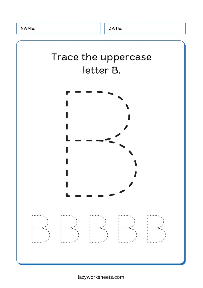 Pre-K worksheet showing dotted line paths for tracing the letter B to improve writing skills