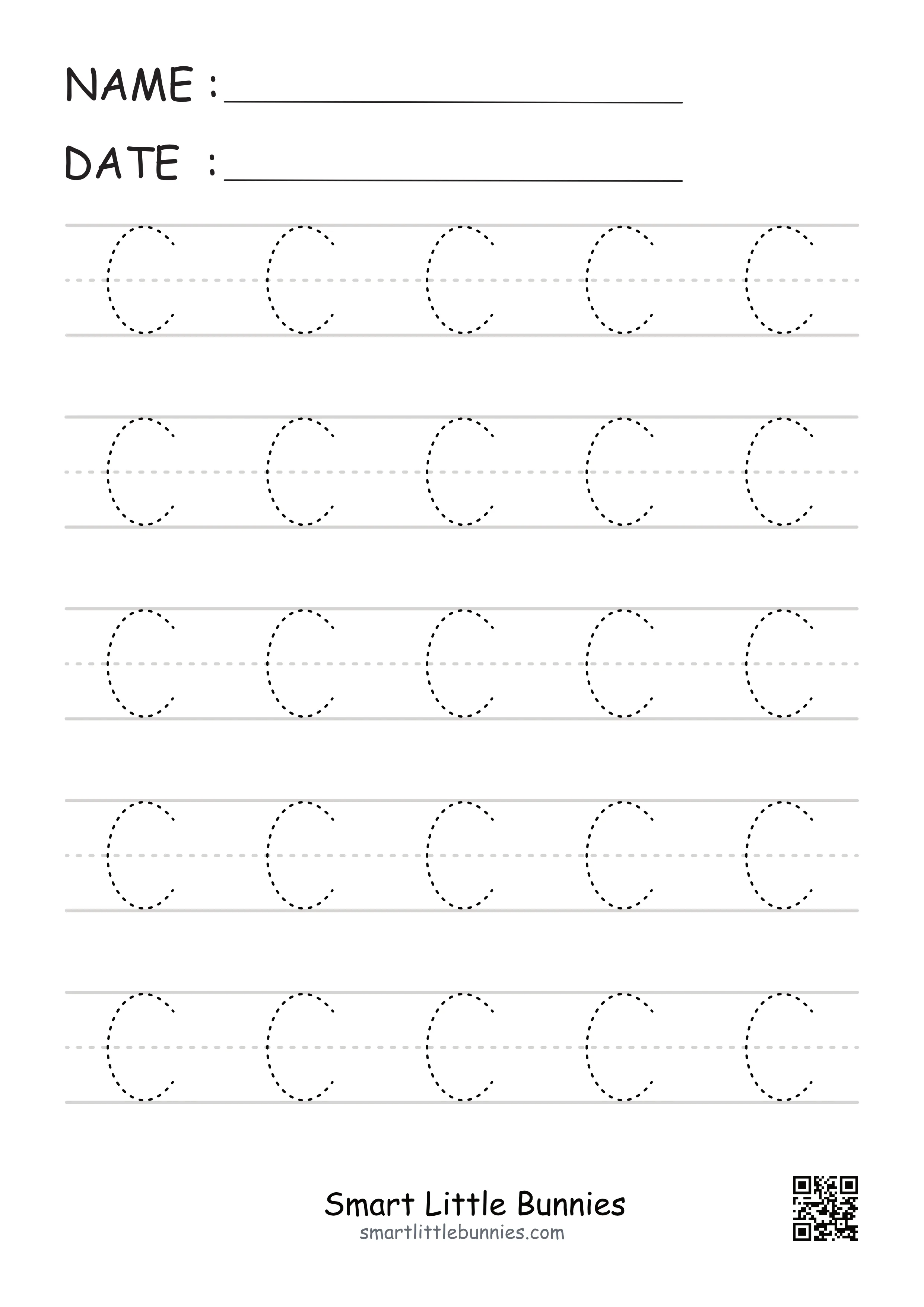 Pre-K worksheet with tracing lines and the letter C for fine motor skill practice