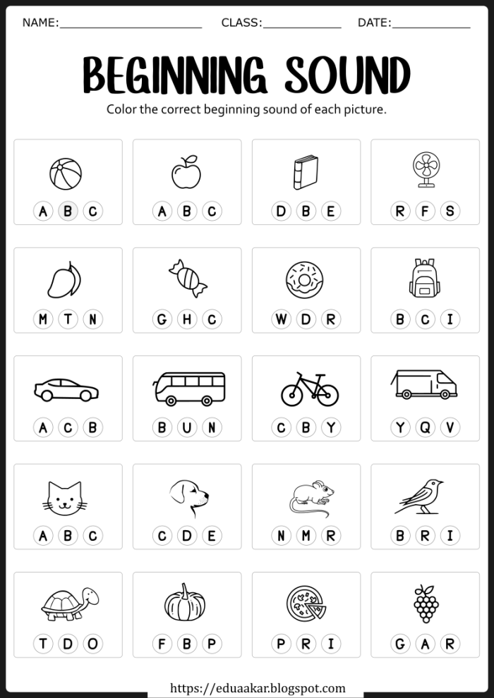 Worksheet for identifying objects that start with the letter C for Pre-K kids