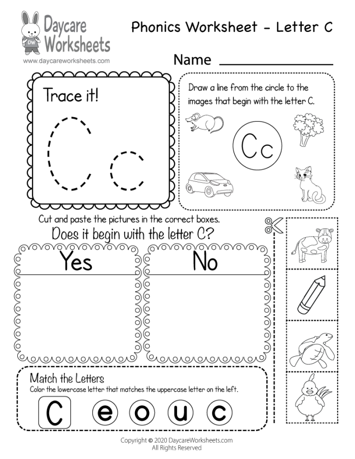 Worksheet featuring objects that start with the letter C for preschool learning