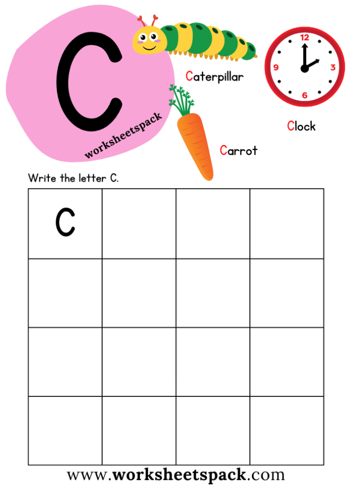 Worksheet featuring words that begin with the letter C for young learners