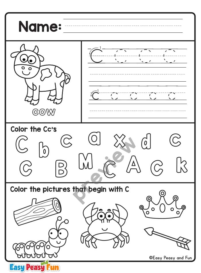 Worksheet featuring words that begin with the letter C for early learners