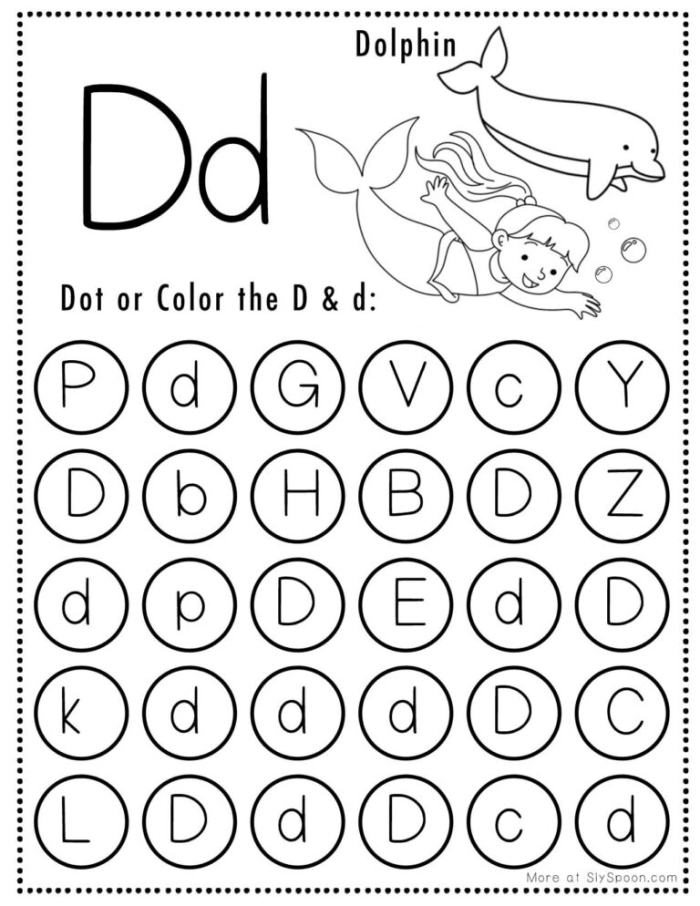 D Is For Worksheet Writing Activity Number 20 Preschool student coloring a letter D worksheet to practice alphabet sounds