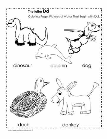 Pre-K phonics worksheet for identifying objects that start with the letter D